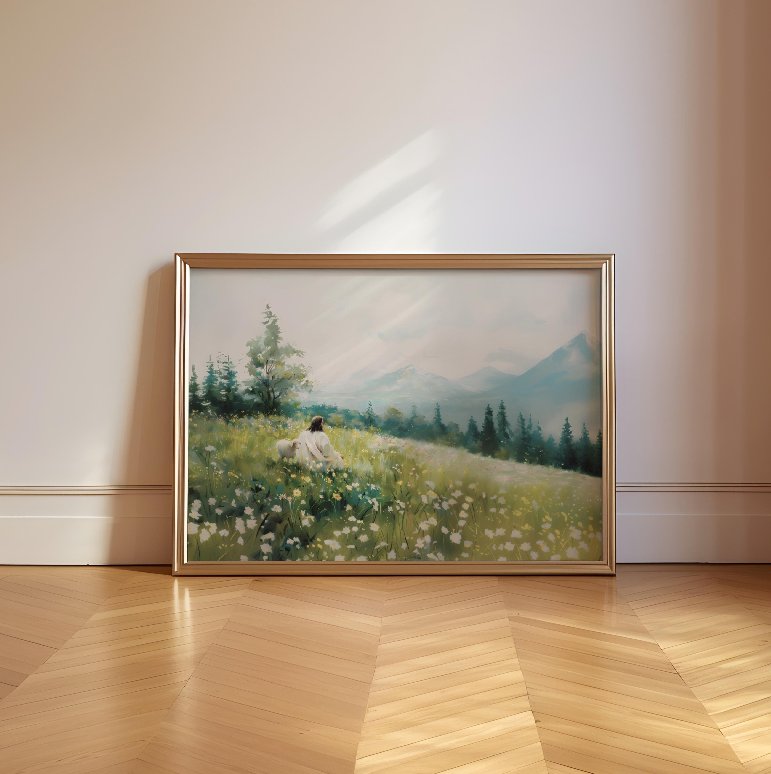 Jesus Leaves the 99 Sheep Poster, Jesus Landscape Wall Art, Christian Landscape Art, Christ Jesus lamb Wall Art, Christian Poster